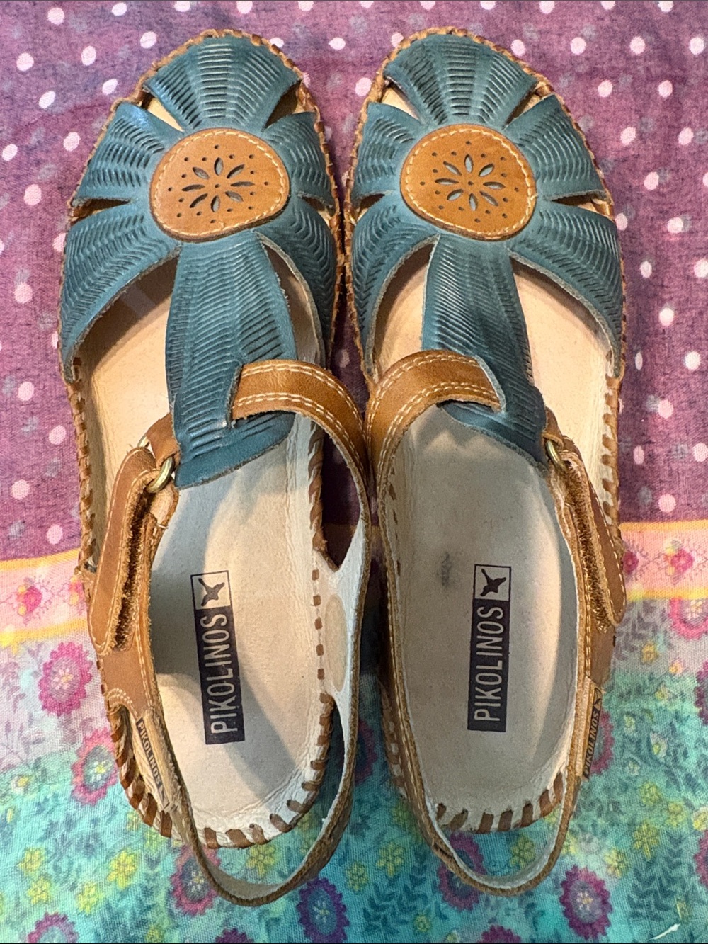 PIKOLINOS Teal and Tan Leather Cutout Slingback Sandals
